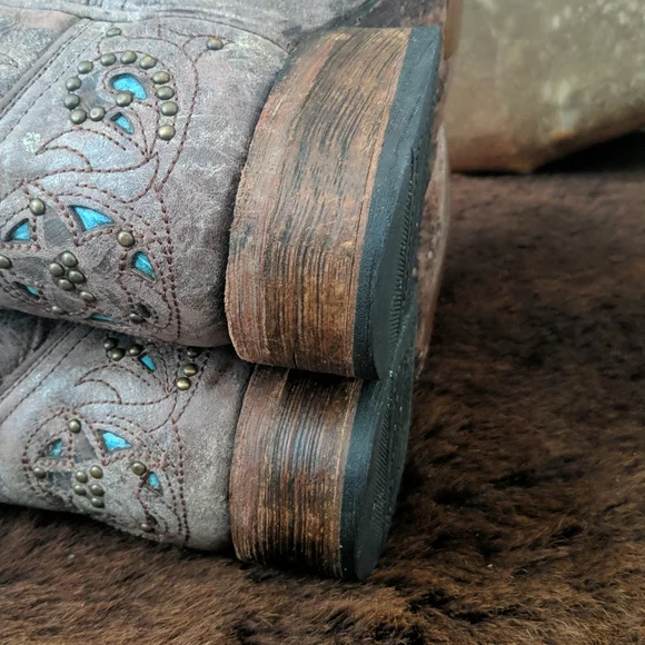 CORRAL A1149 brown studded leather cowgirl western boots turquoise inlay sz 7 - Picture 15 of 16